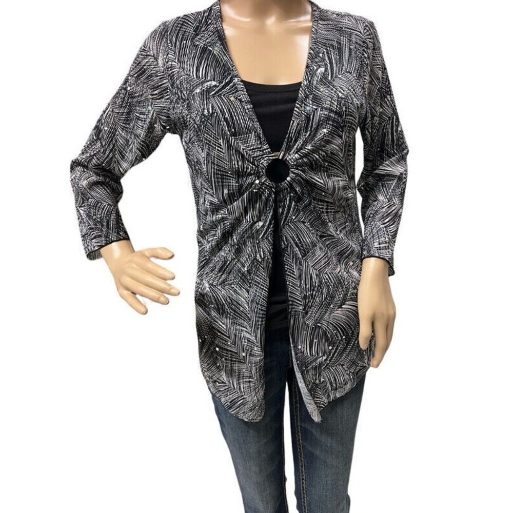 Brittany Black Womens Medium Black White Sequin Crinkle Tunic Top Blouse NWT